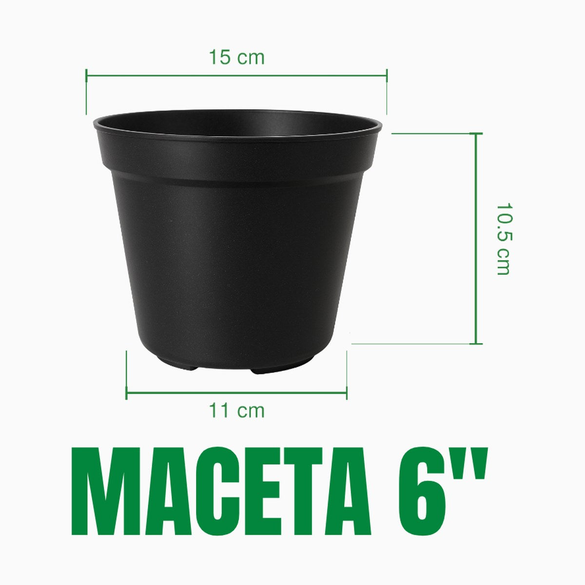 Maceta 6 pulgadas de material recuperado: boca 15 cm, base 11 cm, altura 10.5 cm